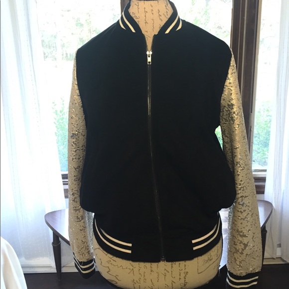 F21 Black Bomber/Baseball Jacket Sequin sleeves M - Picture 5 of 7