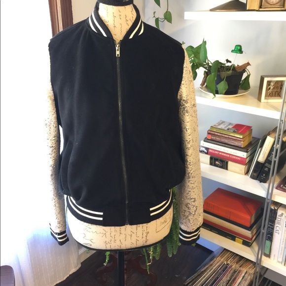 F21 Black Bomber/Baseball Jacket Sequin sleeves M - Picture 6 of 7