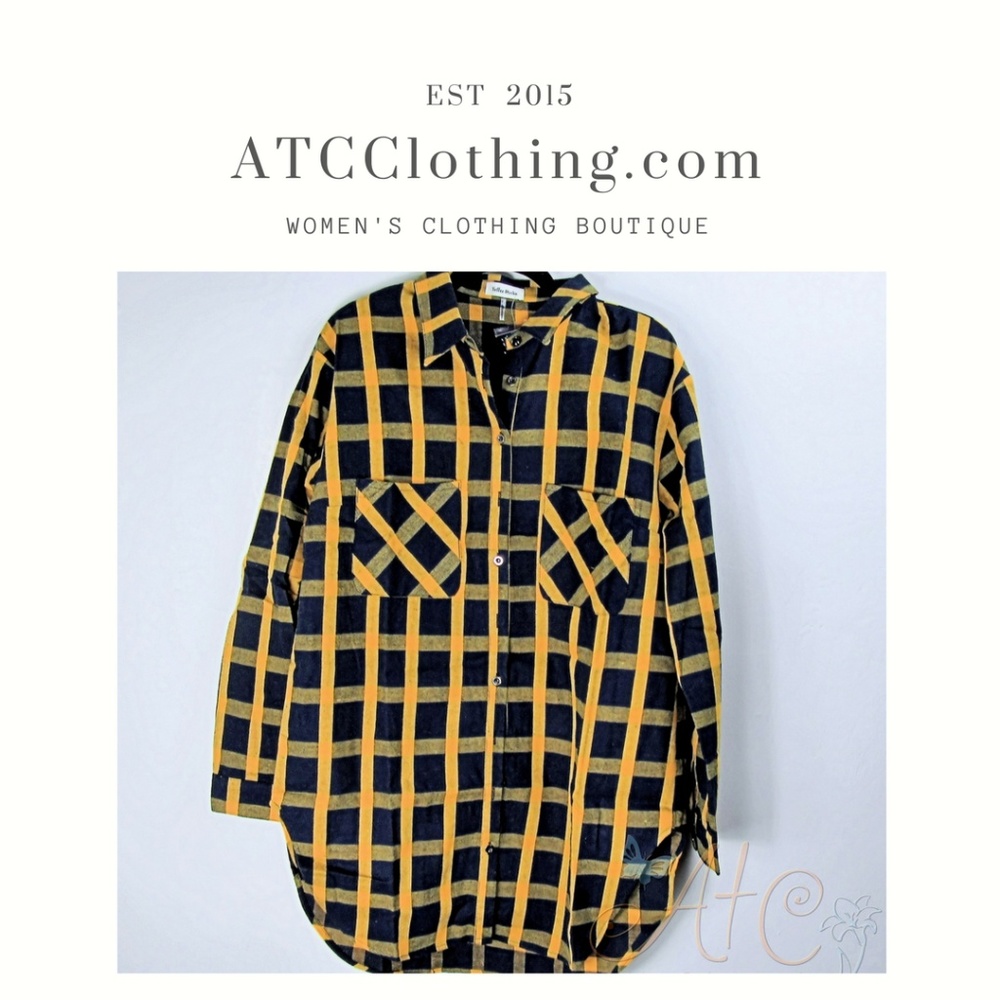 Toffee Mocha Blue and Yellow Plaid Button Up Shirt