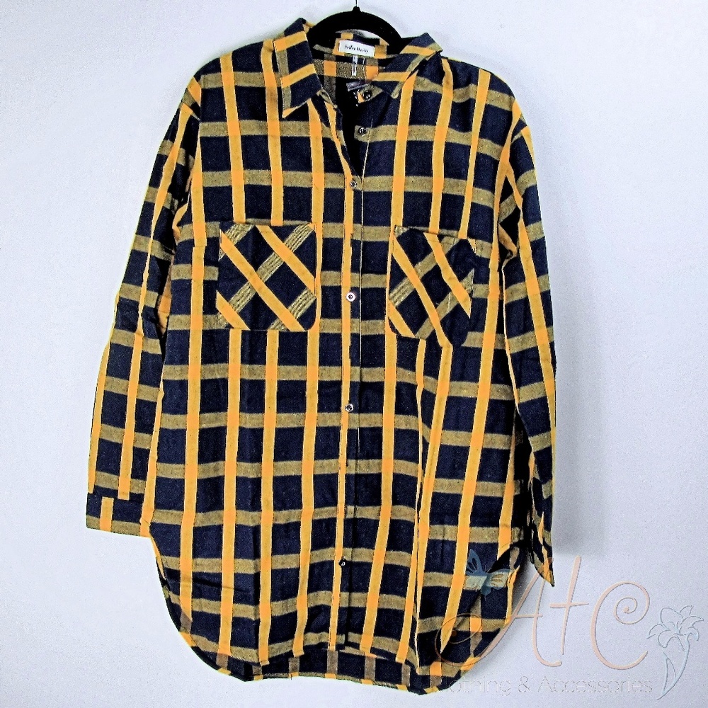 Toffee Mocha Blue and Yellow Plaid Button Up Shirt - Picture 2 of 5