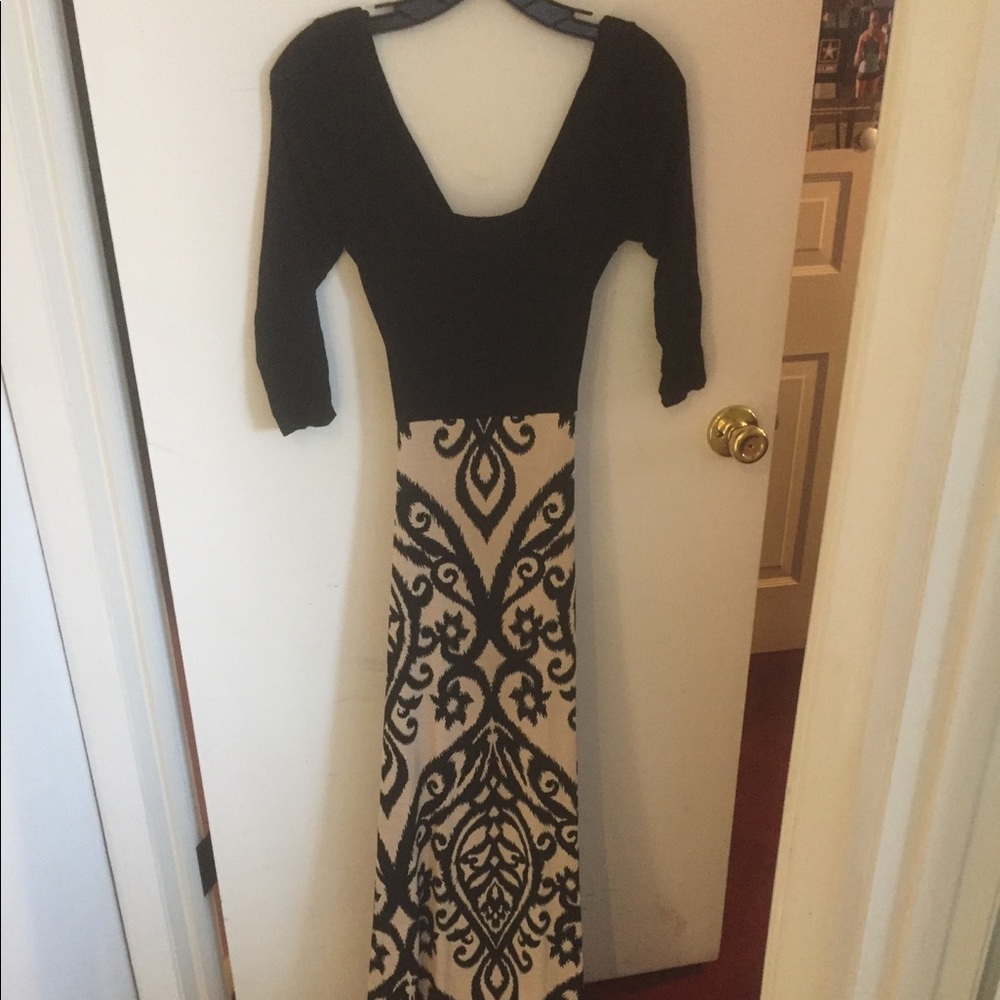 Black and taupe maxi dress with cross cross back