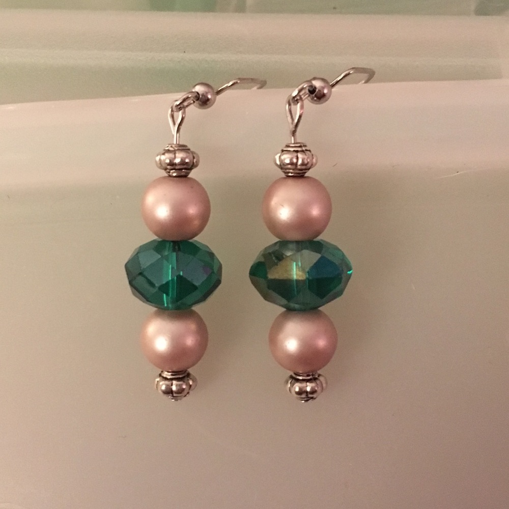 3/$10 Faux pearl, silver and green beaded earrings