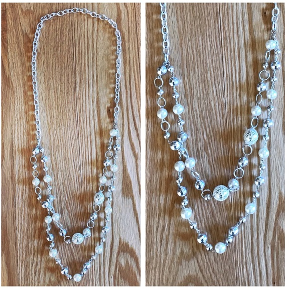 Long chunky silver & pearl beaded strand necklace - Picture 1 of 6