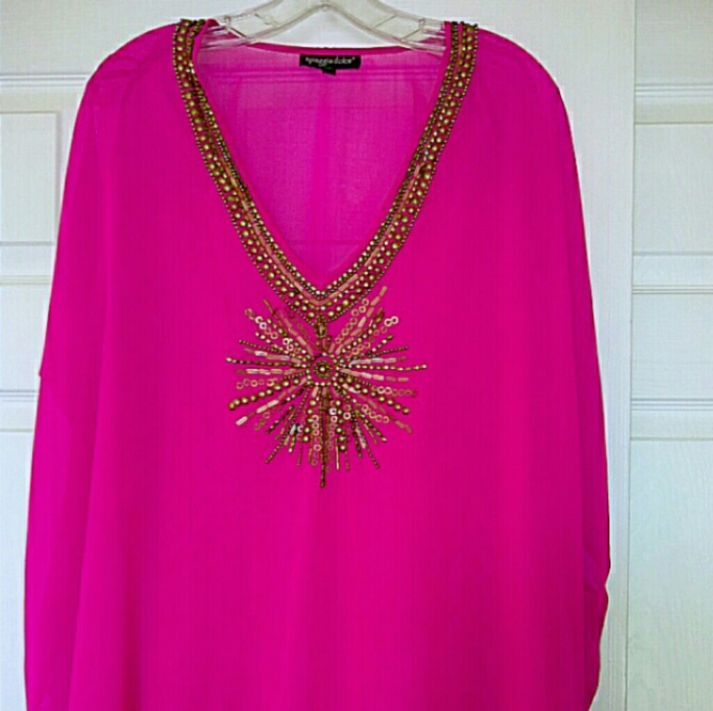 Hot Pink, elegant, flowy, sheer tunic top.
