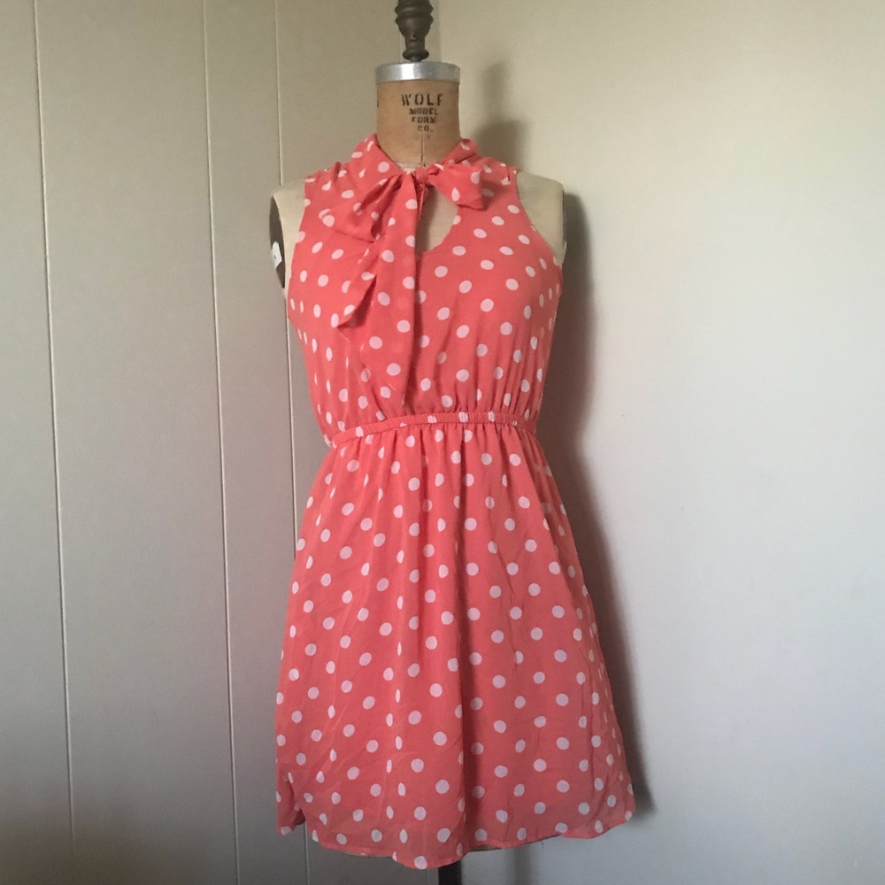Peachy Pink Polka Dot Dress with neck tie sz S