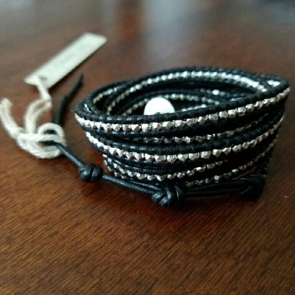 Sterling silver & black leather wrap bracelet
