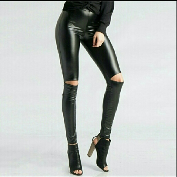 Faux Leather Split Knee Leggings - Picture 3 of 5
