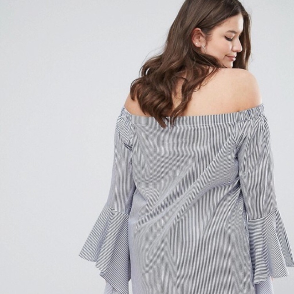 Stripe Frill Sleeve Bardot Dress