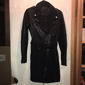 BCBGMAXAZRIA Black leather and wool belted coat