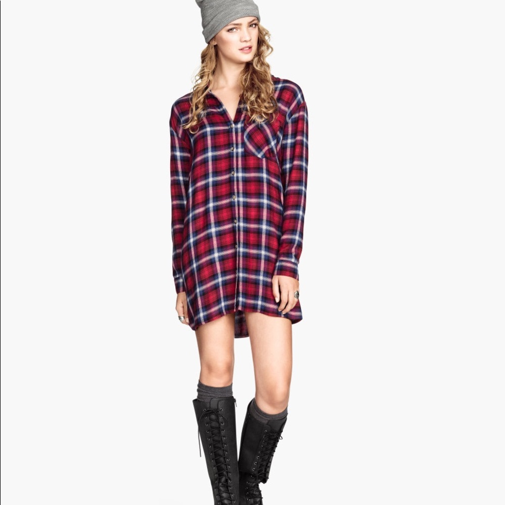 red, white and blue plaid flannel shirt dress