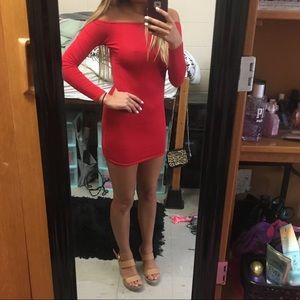 Tight, red, off the shoulder bodycon dress