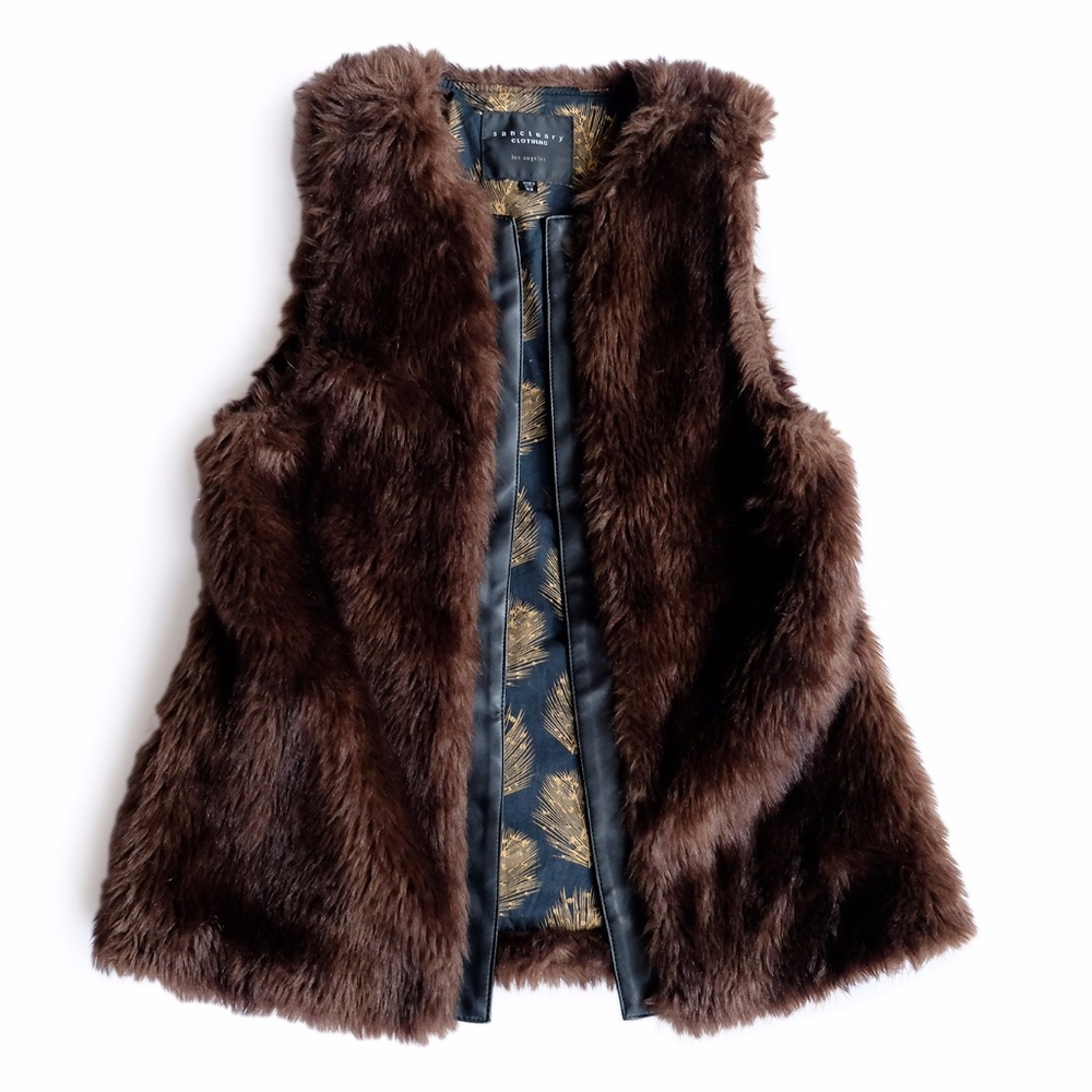 Brown Faux Fur Vest with Leather Trim