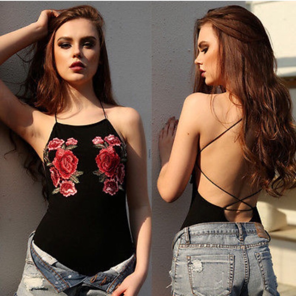 Black embroidered bodysuit with criss cross back