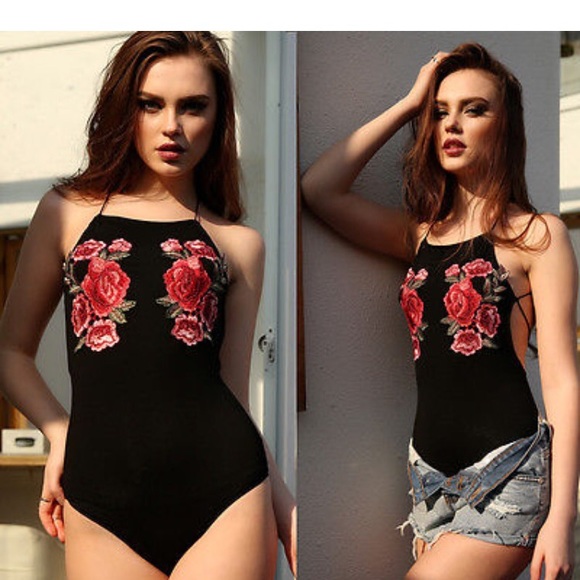 Black embroidered bodysuit with criss cross back - Picture 2 of 2