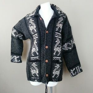 Alpaca Ethnic Print Wool Wooden Button Down Jacket