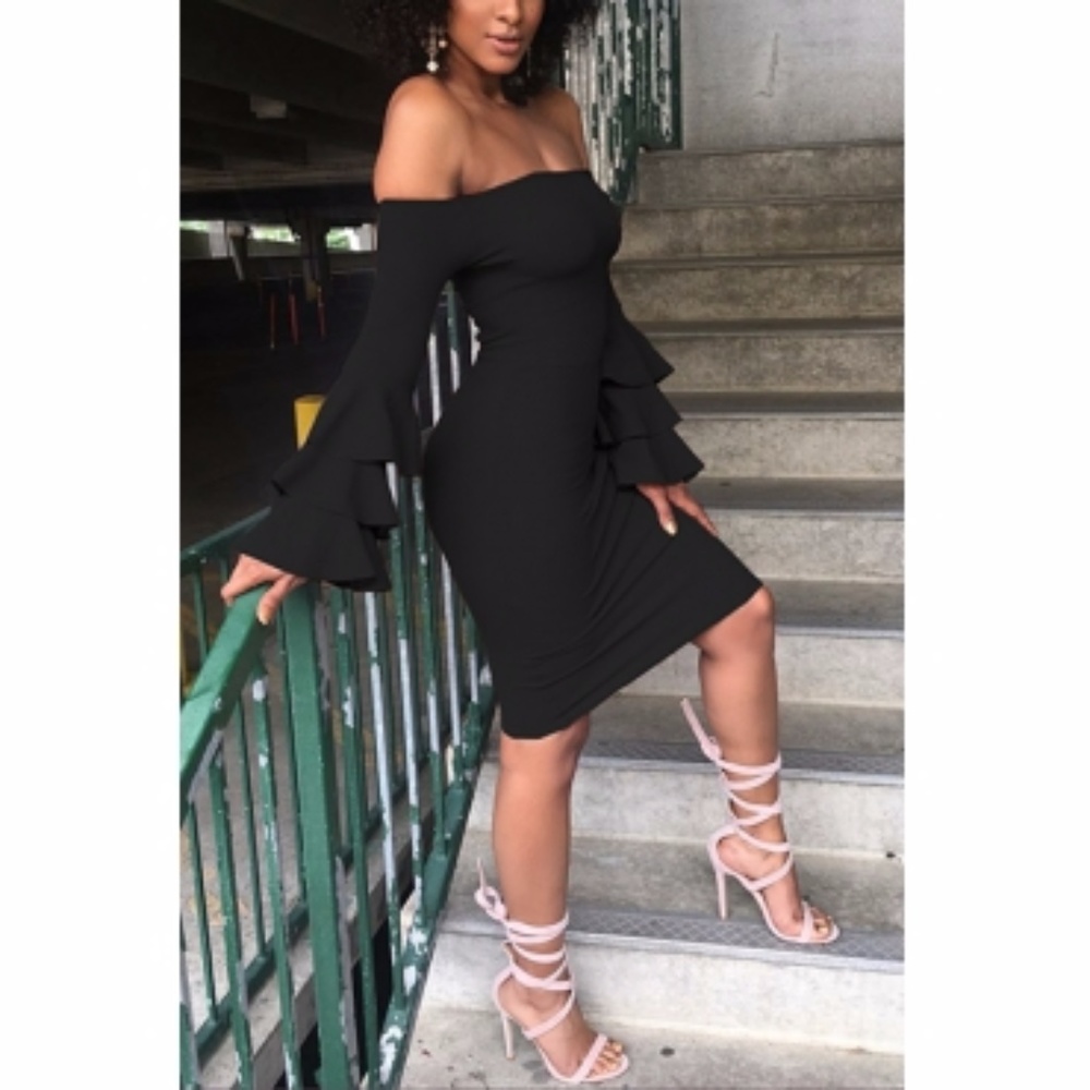 Black shoulder dress knee length NWT sizes SML XL - Picture 2 of 2