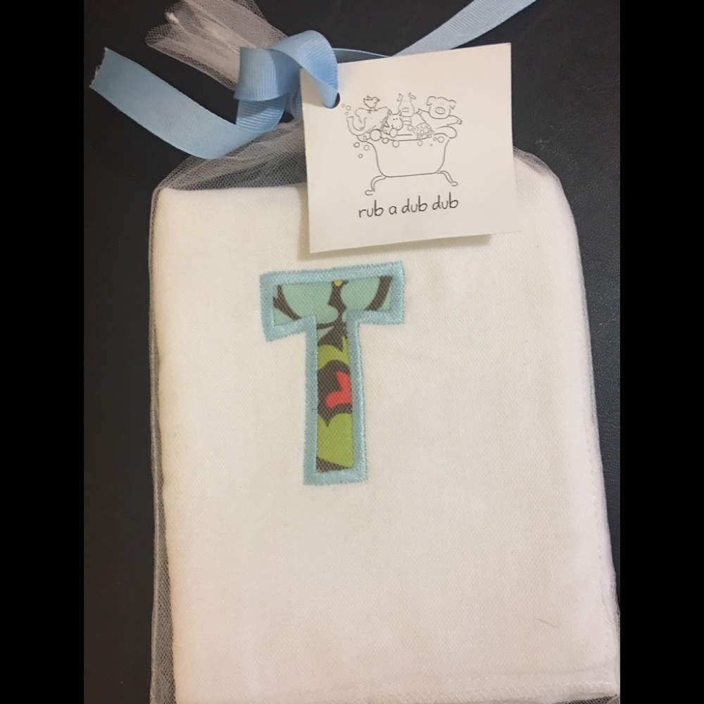 Infant’s monogrammed “T” burp cloth rub a dub dub