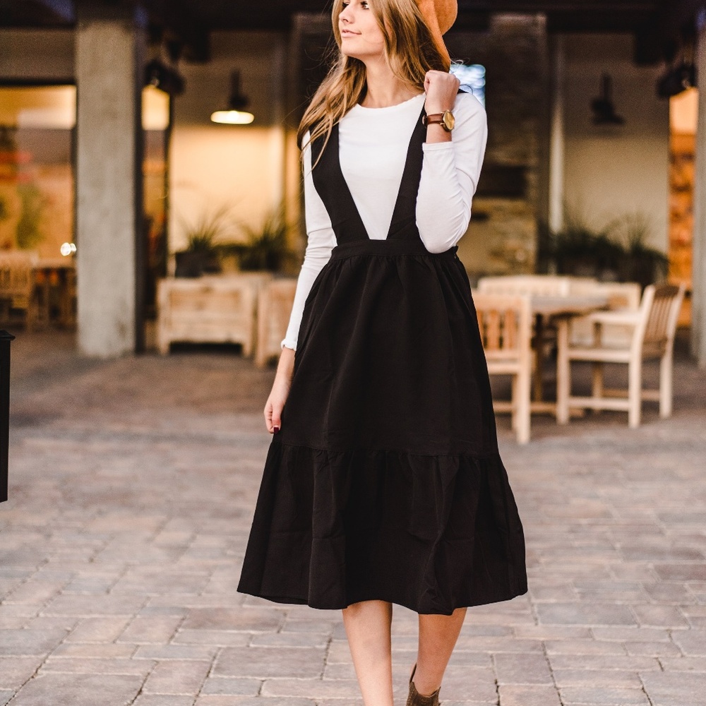 Tiered overall dress in black