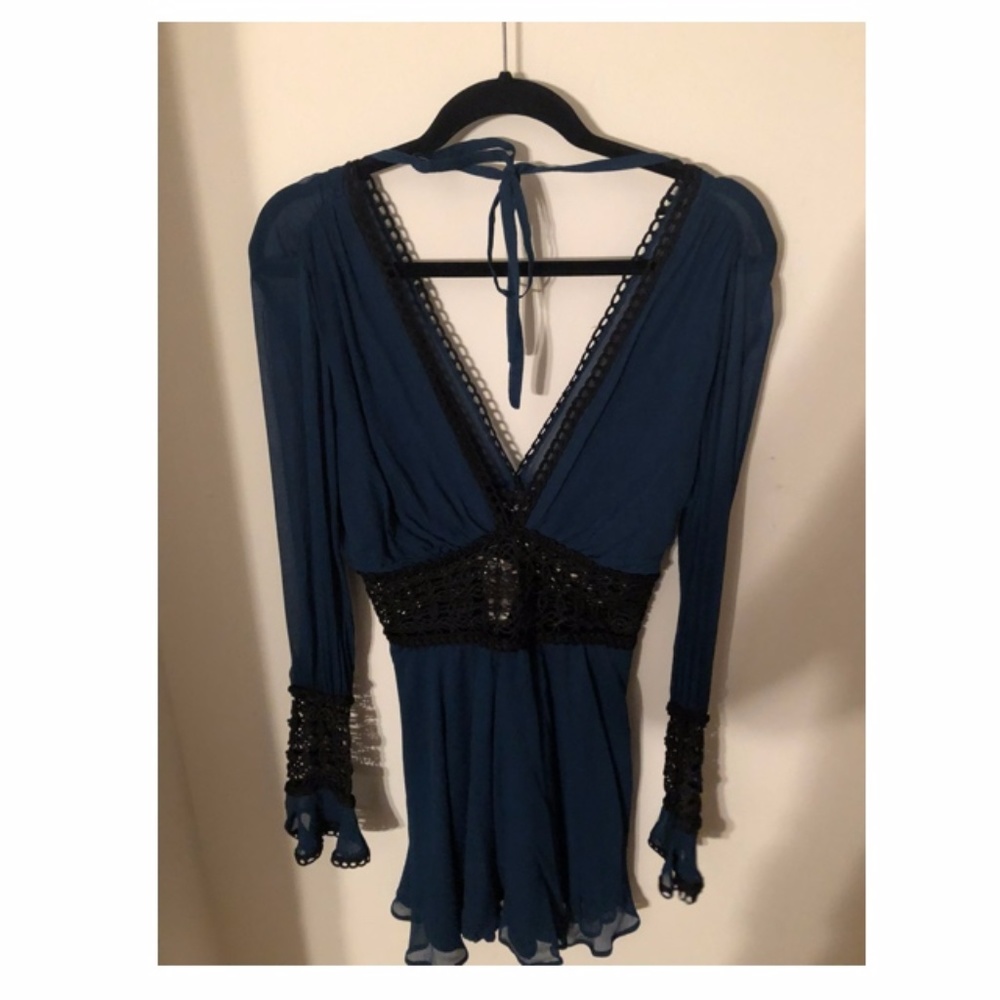 Brand New Long Sleeve Blue and Black Leather Dress