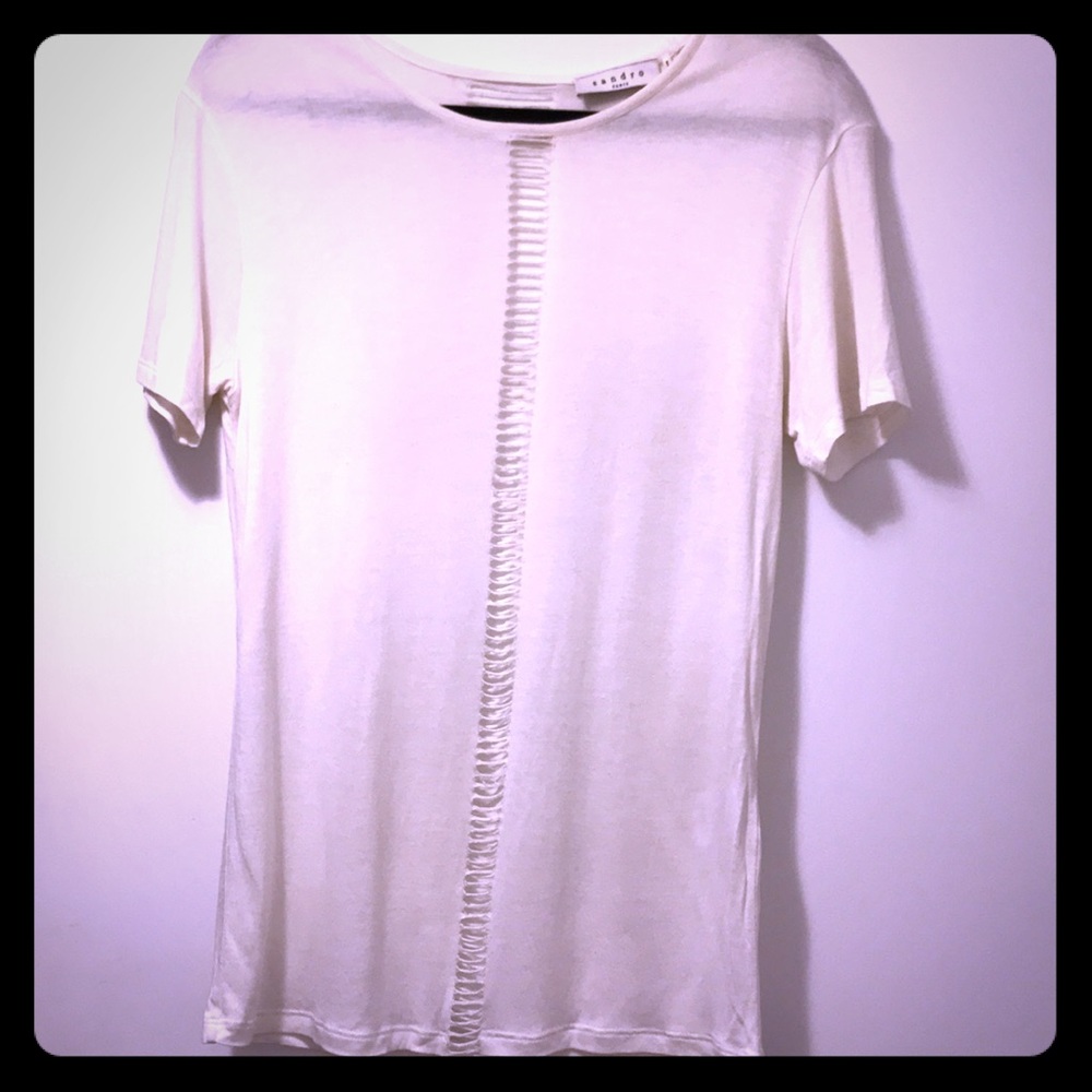 Sandro white “cool girl” shredded tee