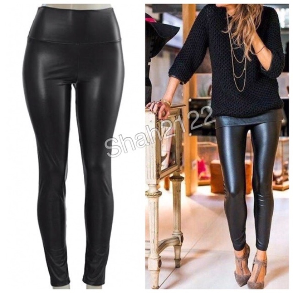 Faux Leather Leggings Pants Black High Waist Tummy Control LINED