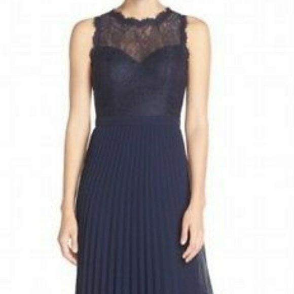 XSCAPE Navy Lace & Pleated Skirt Chiffon dress - Picture 1 of 5
