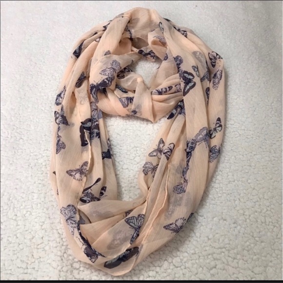 Studio S Accessories - Infinity Scarf Peach with Blue Butterflies. ed1