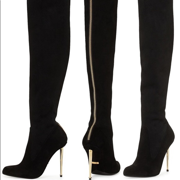 Tom Ford Shoes - Tom Ford Over the Knee Suede Boots Gold Zipper