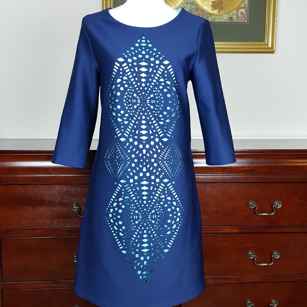 Tiana B. Laser Cut Scuba Dress Blue Teal Size 10