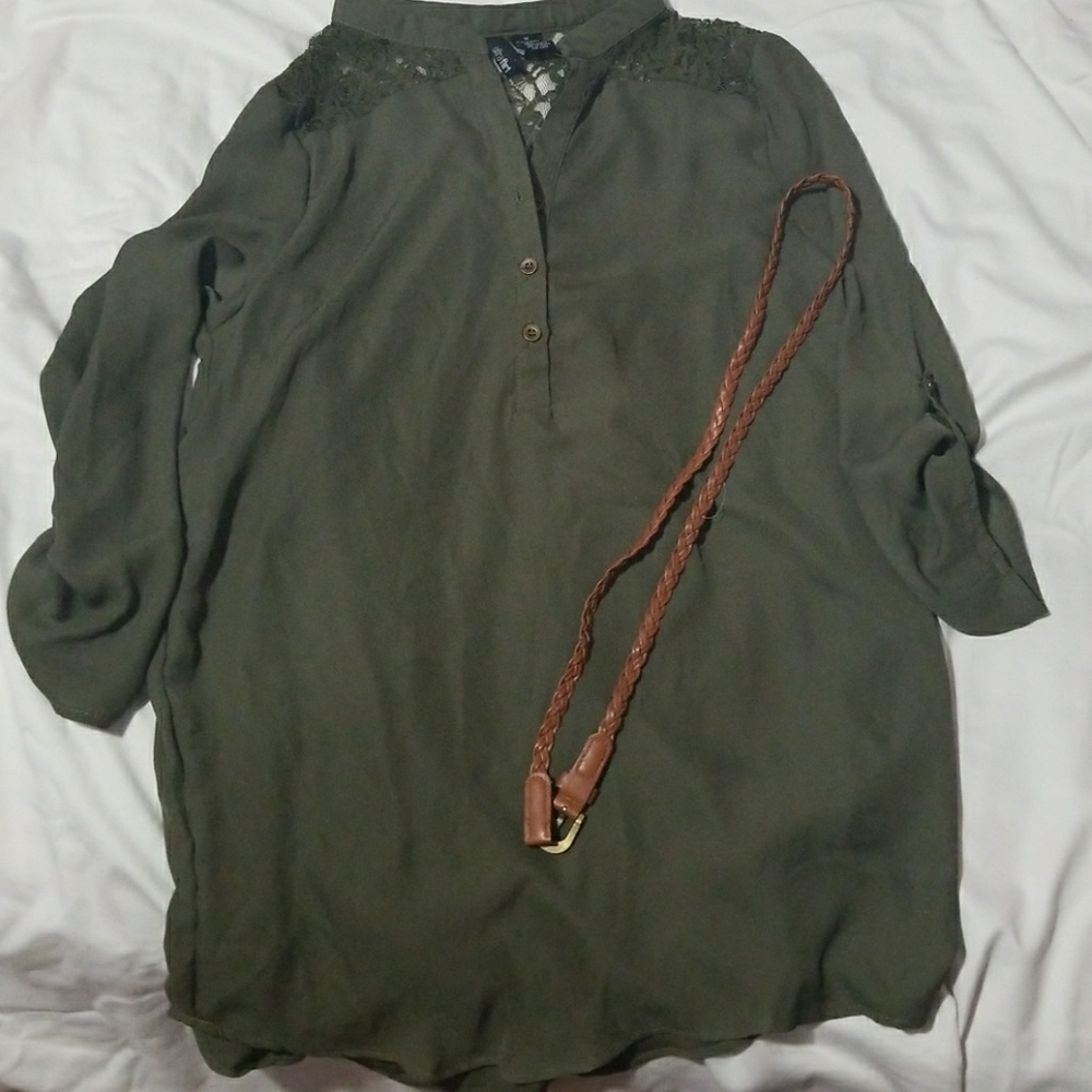 Green lace shoulder blouse with brown belt