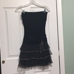 Black strapless polka dot tiered ruffle mini dress