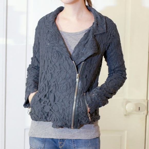 Zara Teal Lace Overlay Moto Zip up Jacket - Picture 2 of 5