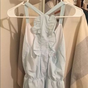 Lauren James Blue Seersucker Ruffle Back Romper