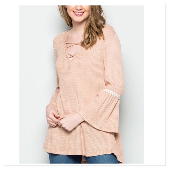 Boutique Tops - Blush Waffle Knit Bell-Sleeve Top Boutique Tops - Blush Waffle Knit Bell-Sleeve Top