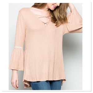 Boutique Tops - Blush Waffle Knit Bell-Sleeve Top Boutique Tops - Blush Waffle Knit Bell-Sleeve Top