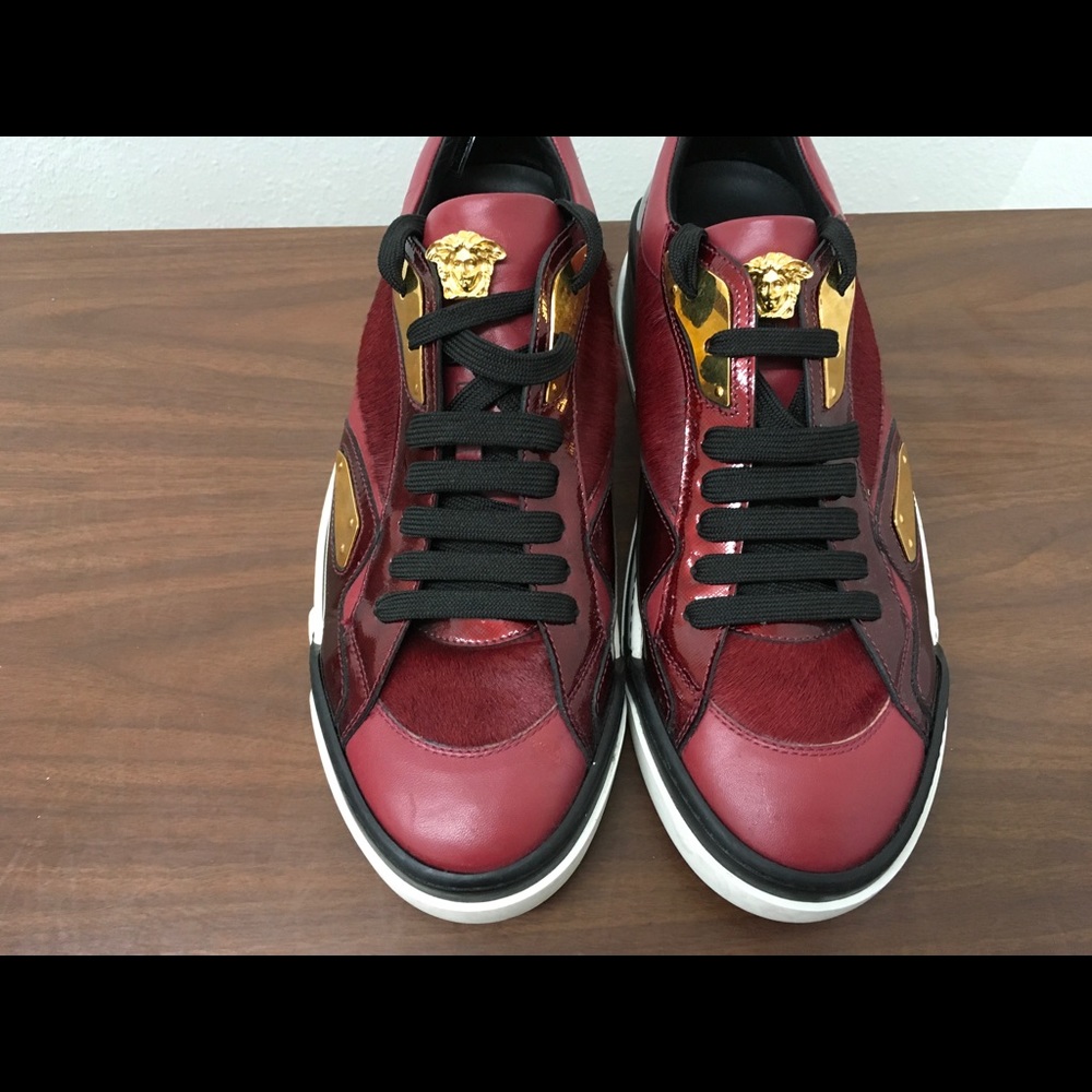 Burgundy and Black low top Versace lace ups.
