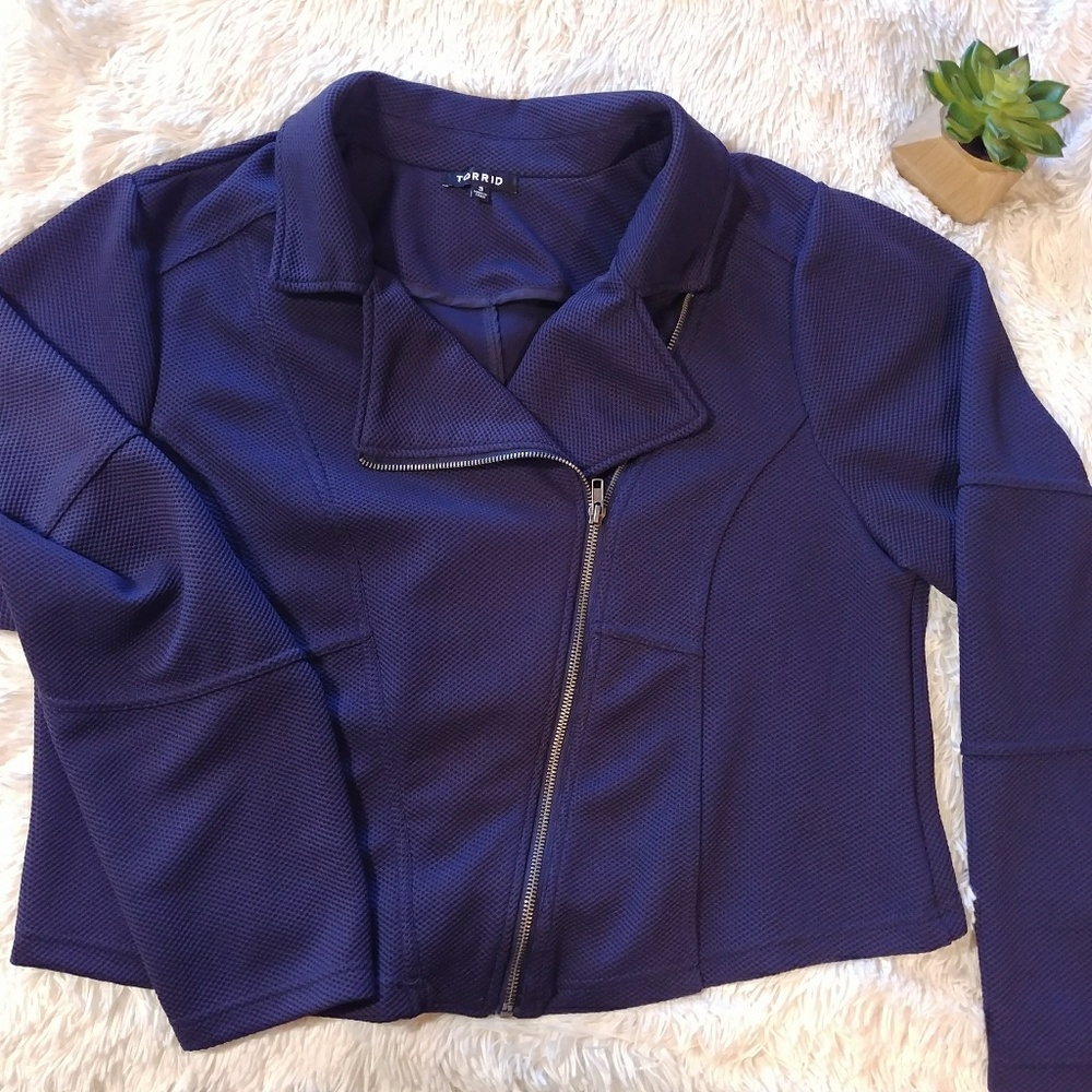 Torrid Size 3 Navy Blue Knit Crop Moto Jacket
