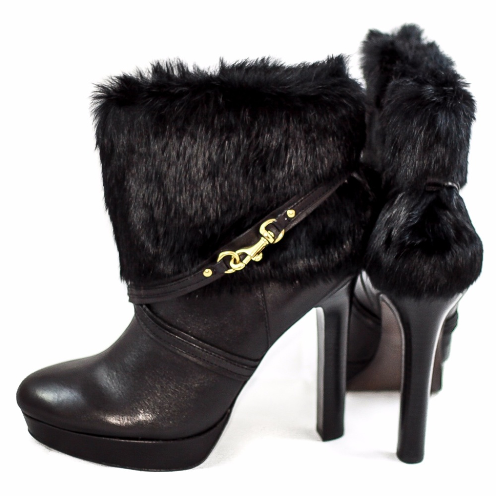 Real Genuine Black Rabbit Fur Coach Ankle Boots