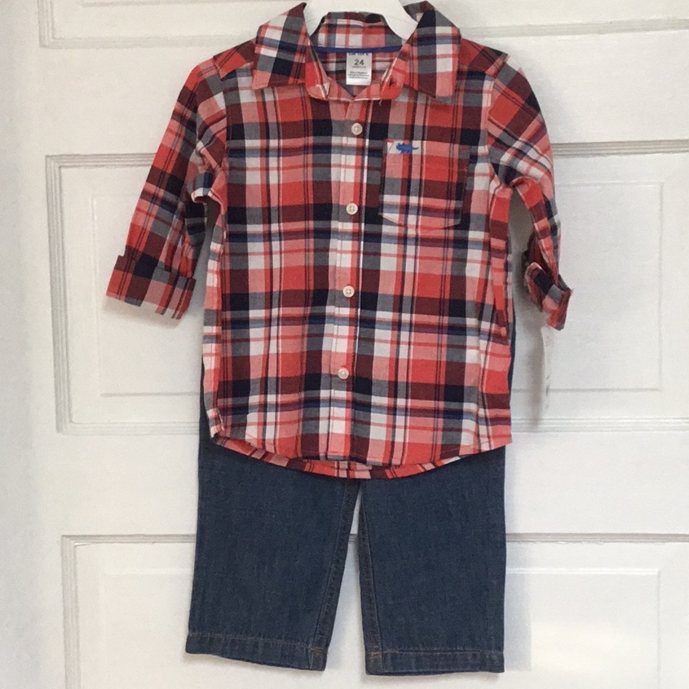 Carter’s Plaid Button Down Shirt and Mock Jeans