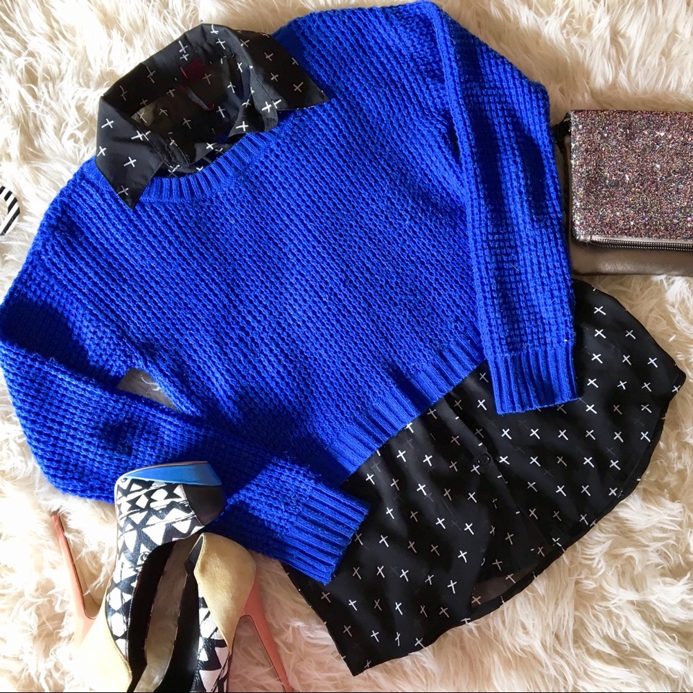 💙 Royal Blue Sweater with Black & White Blouse