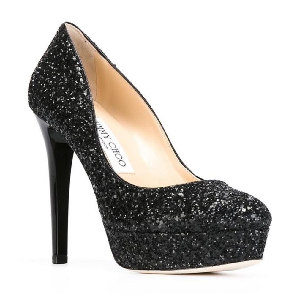 Jimmy Choo black sequin platform stilettos