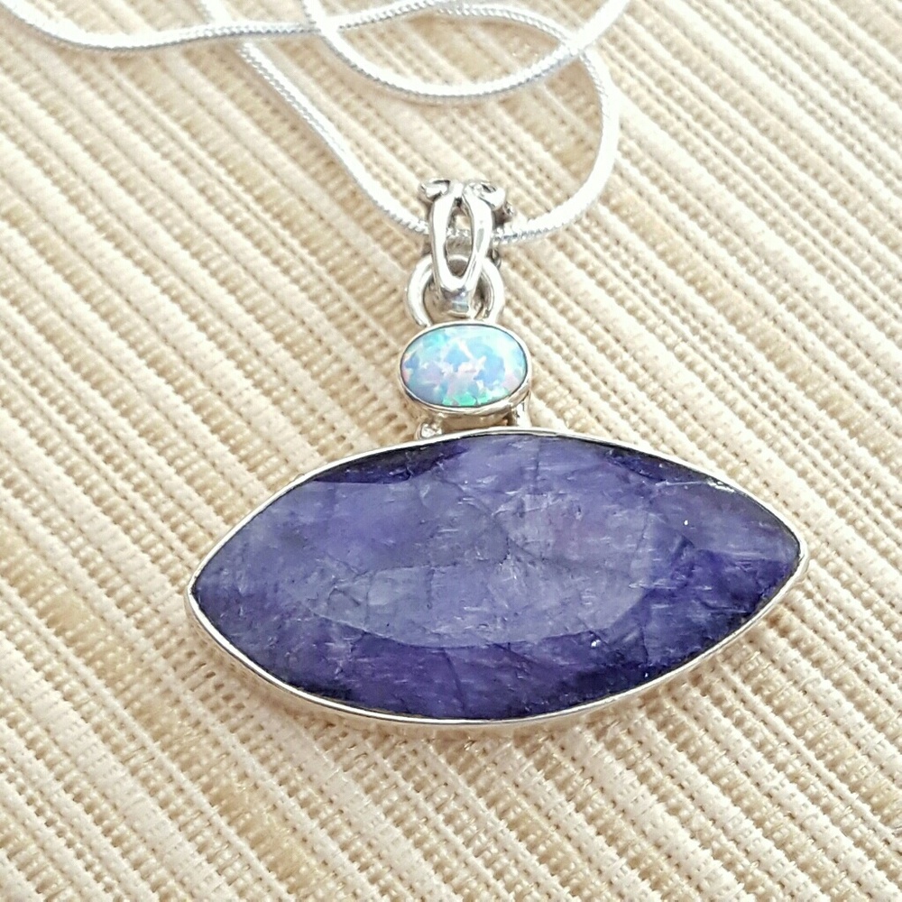 BIG Sapphire & Fire Opal Necklace Sterling