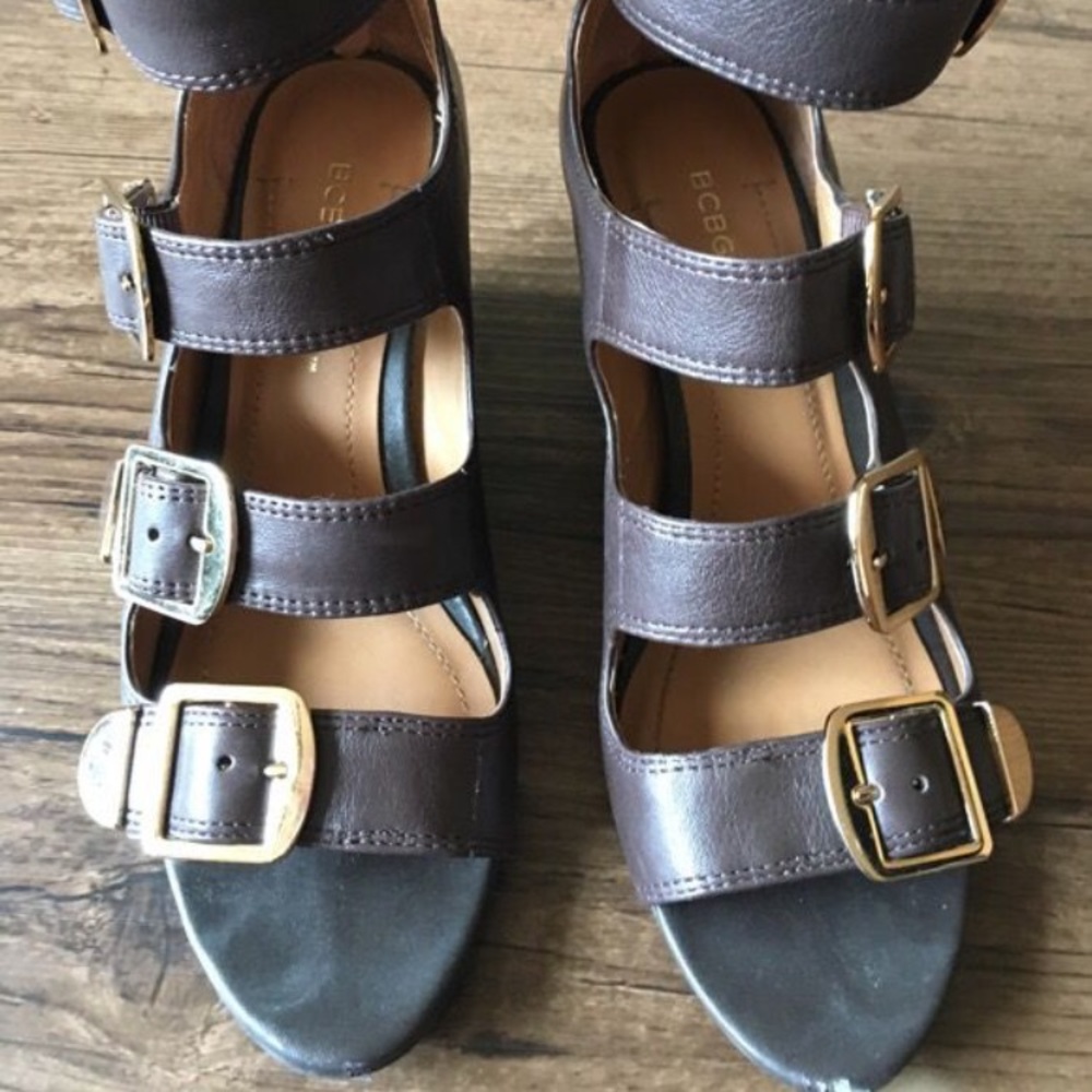 BCBGenration Brown Gold Buckle Sandals