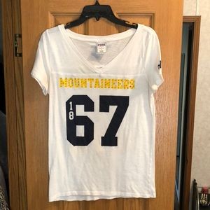 White WVU  Mountaineer PINK VS tee