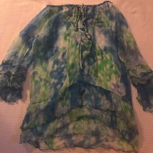Sheer ruffled green and blue blouse