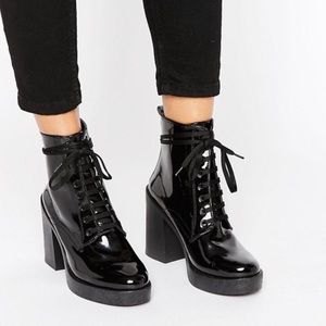 Black Patent Lace Up Chunky Boots