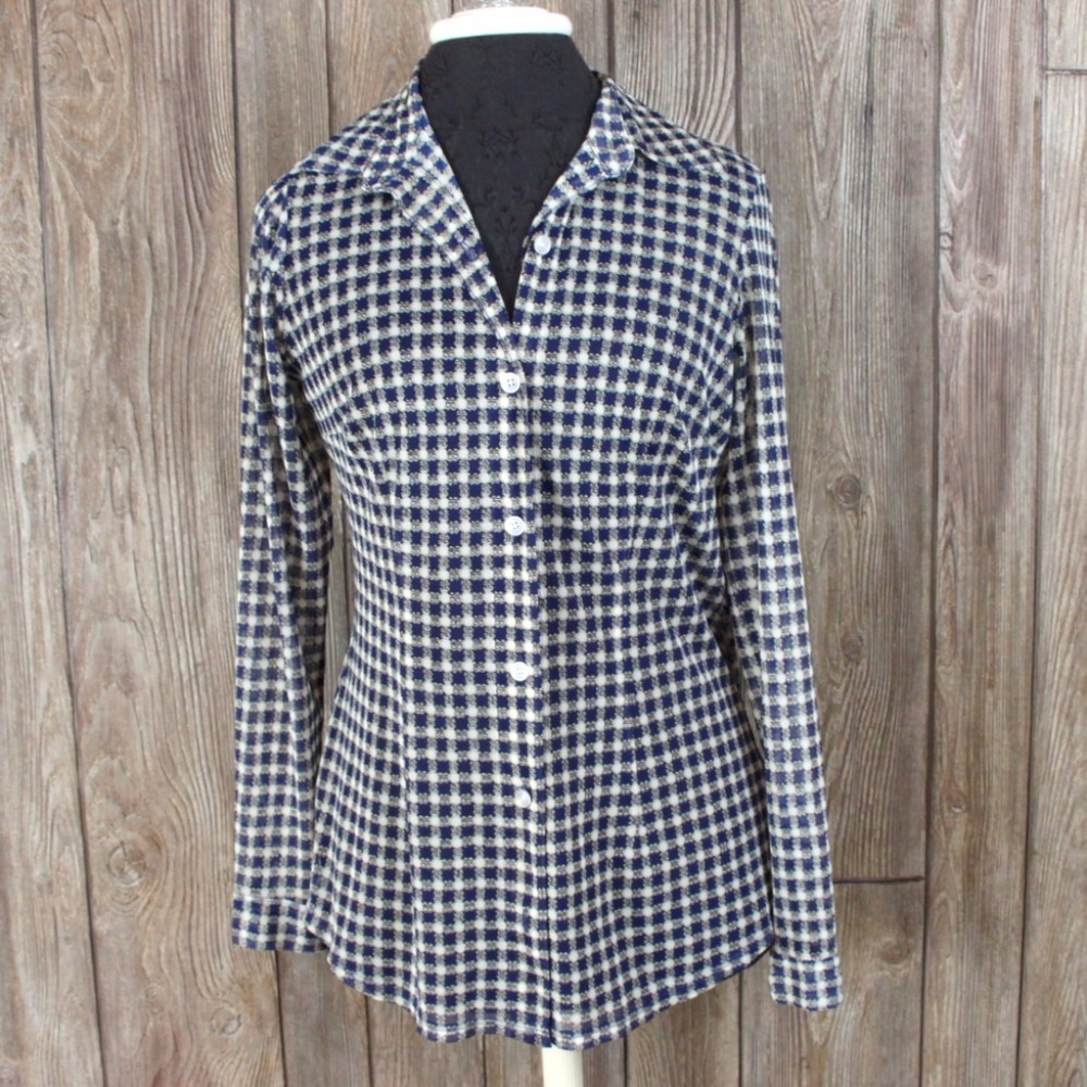 CAbi M size Blouse Blue White Check Sheer