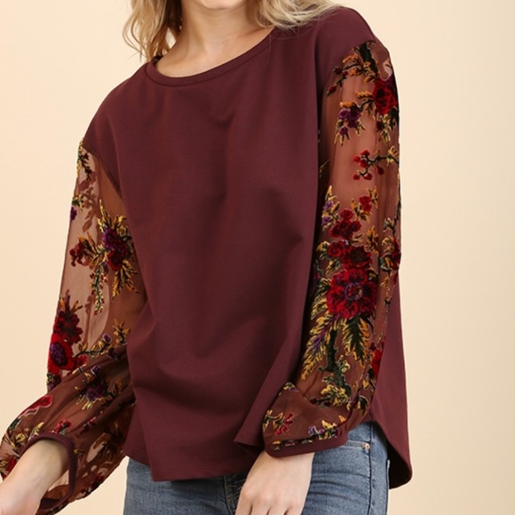 M•LAST ONE Blouse Sheer Long Velvet Balloon Sleeve - Picture 2 of 8