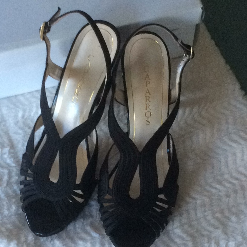 Black dress satin and patent leather sandals.