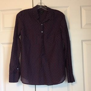 JCrew navy and red polka dot silk blouse.